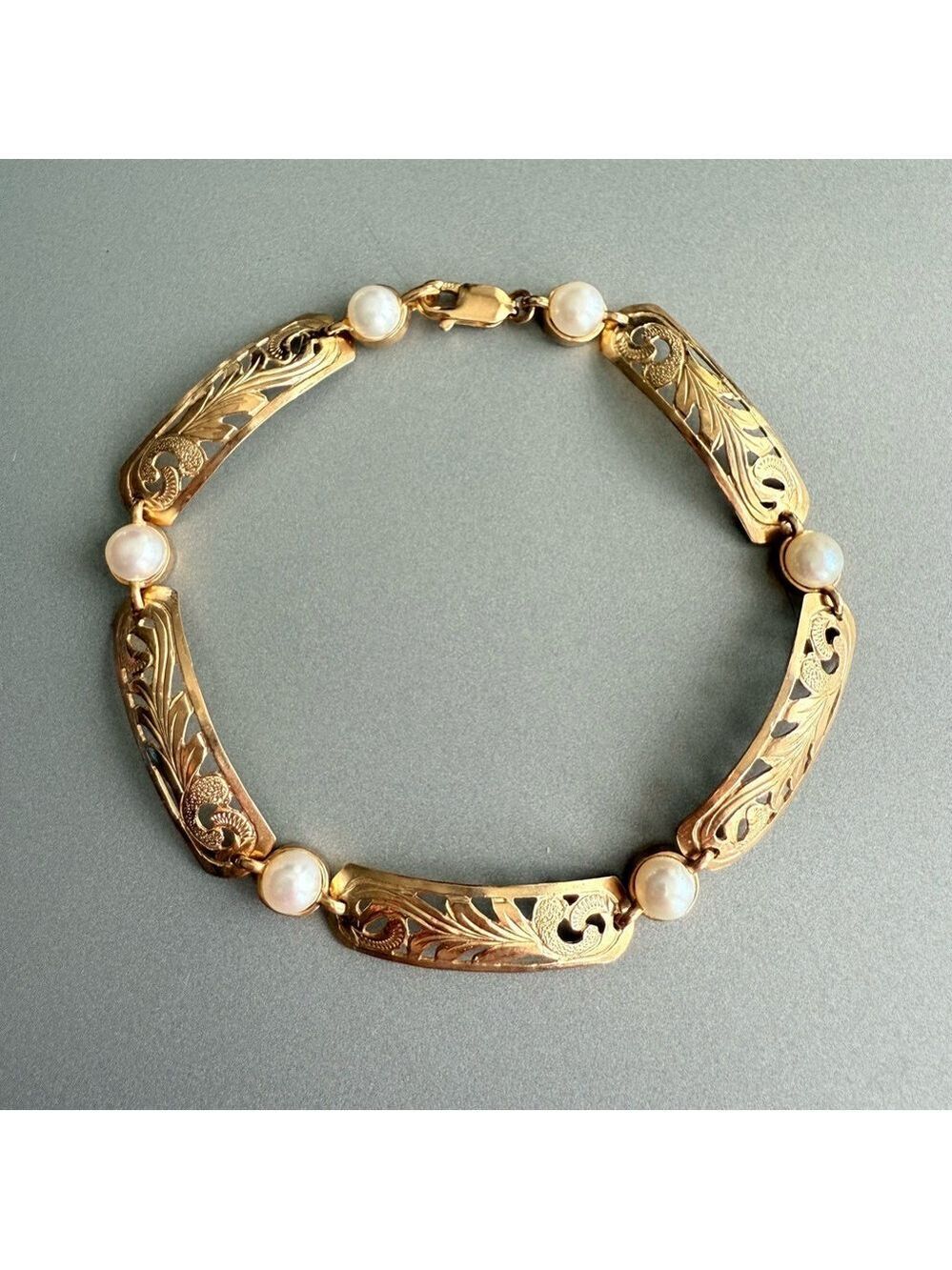 14k Yellow Gold White Pearl Scroll Panel Open Work Bracelet With Apprais…